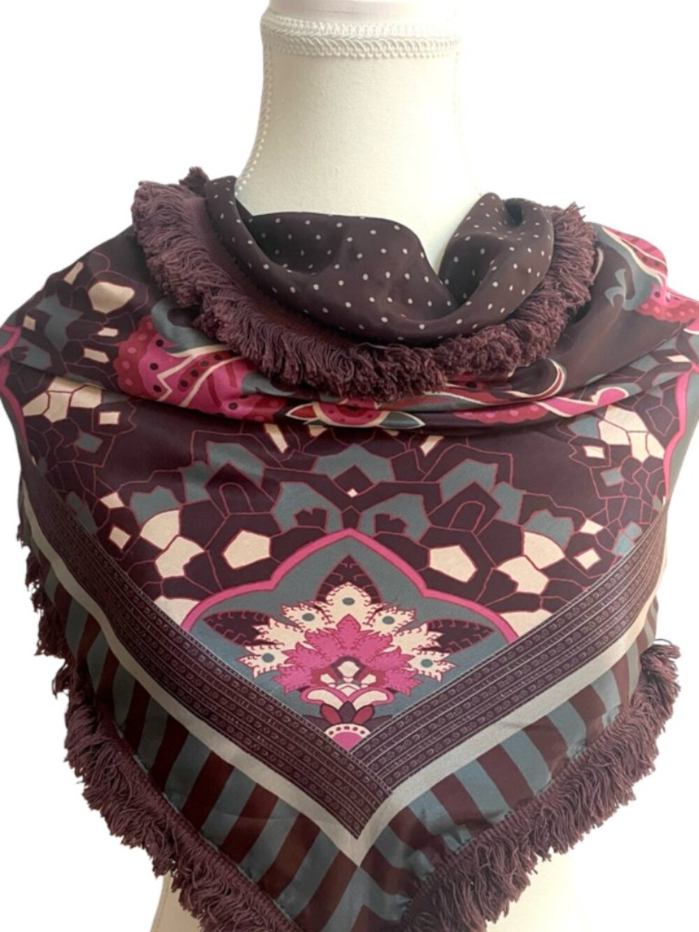 Vintage Echo Reversible Triangle Scarf Shawl Fringe India Burgundy Floral